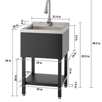 The utility sink unit measures 49.2 in. in total height and 21.5 in. in width, featuring a 13 in. deep basin with a 2 in. backsplash and a 34 in. rim height. Supporting the structure are 20 in. tall legs (including a 1.5 in. floor clearance) with a lower storage shelf measuring 20 in. by 16.8 in. and providing 13 in. of vertical clearance.