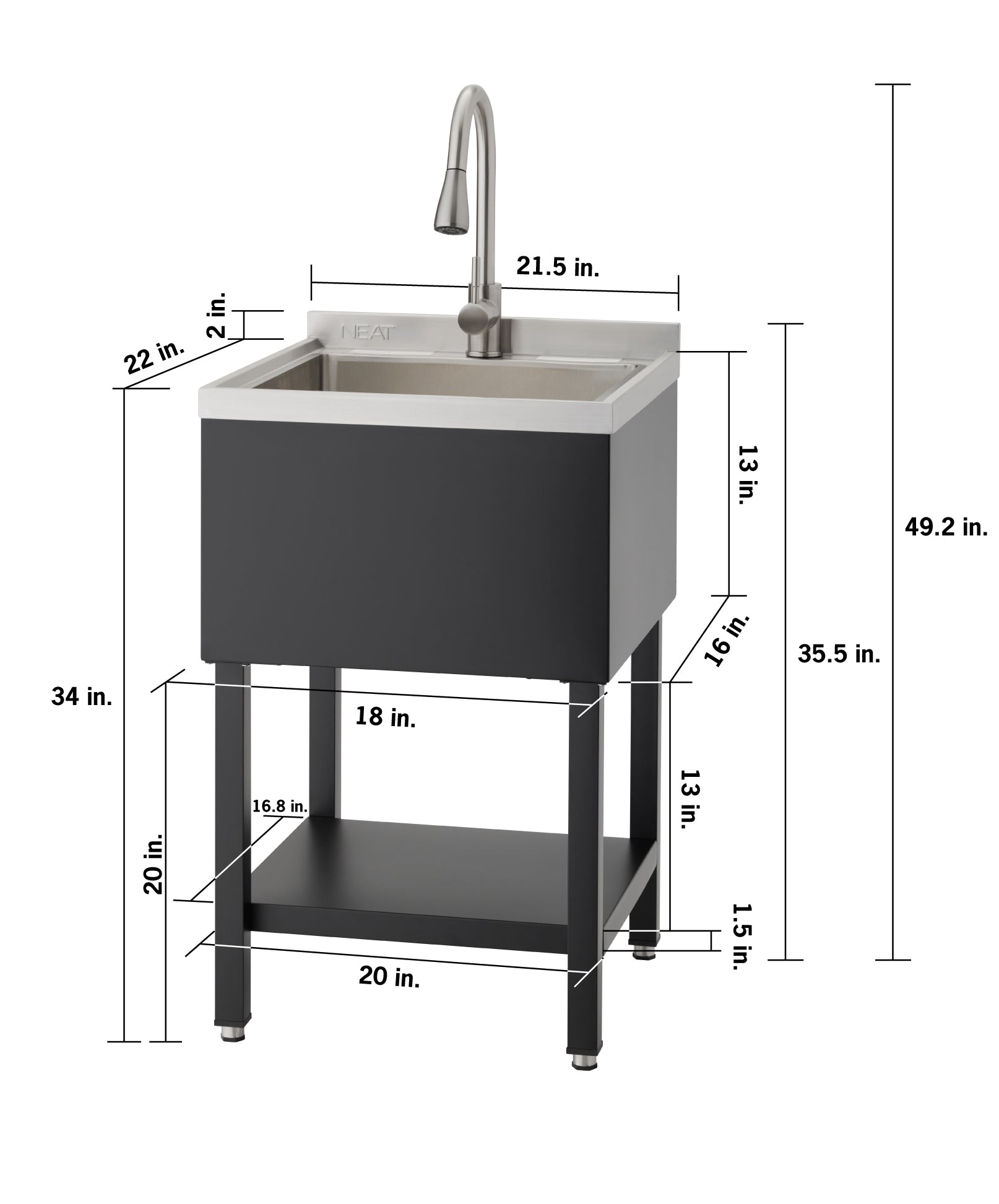 The utility sink unit measures 49.2 in. in total height and 21.5 in. in width, featuring a 13 in. deep basin with a 2 in. backsplash and a 34 in. rim height. Supporting the structure are 20 in. tall legs (including a 1.5 in. floor clearance) with a lower storage shelf measuring 20 in. by 16.8 in. and providing 13 in. of vertical clearance.