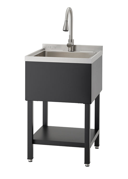 A freestanding outdoor sink unit featuring a stainless steel basin with the "NEAT" logo, a gooseneck faucet, and a black cabinet base. The unit is supported by a black metal stand with four legs and includes a lower storage shelf.