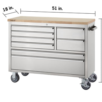 A stainless steel tool chest workbench with a light wood top rests on heavy-duty swivel casters against a white background. Dimension overlay lines show total measurements of 51 inches wide, 18 inches deep, and 36 inches tall.
