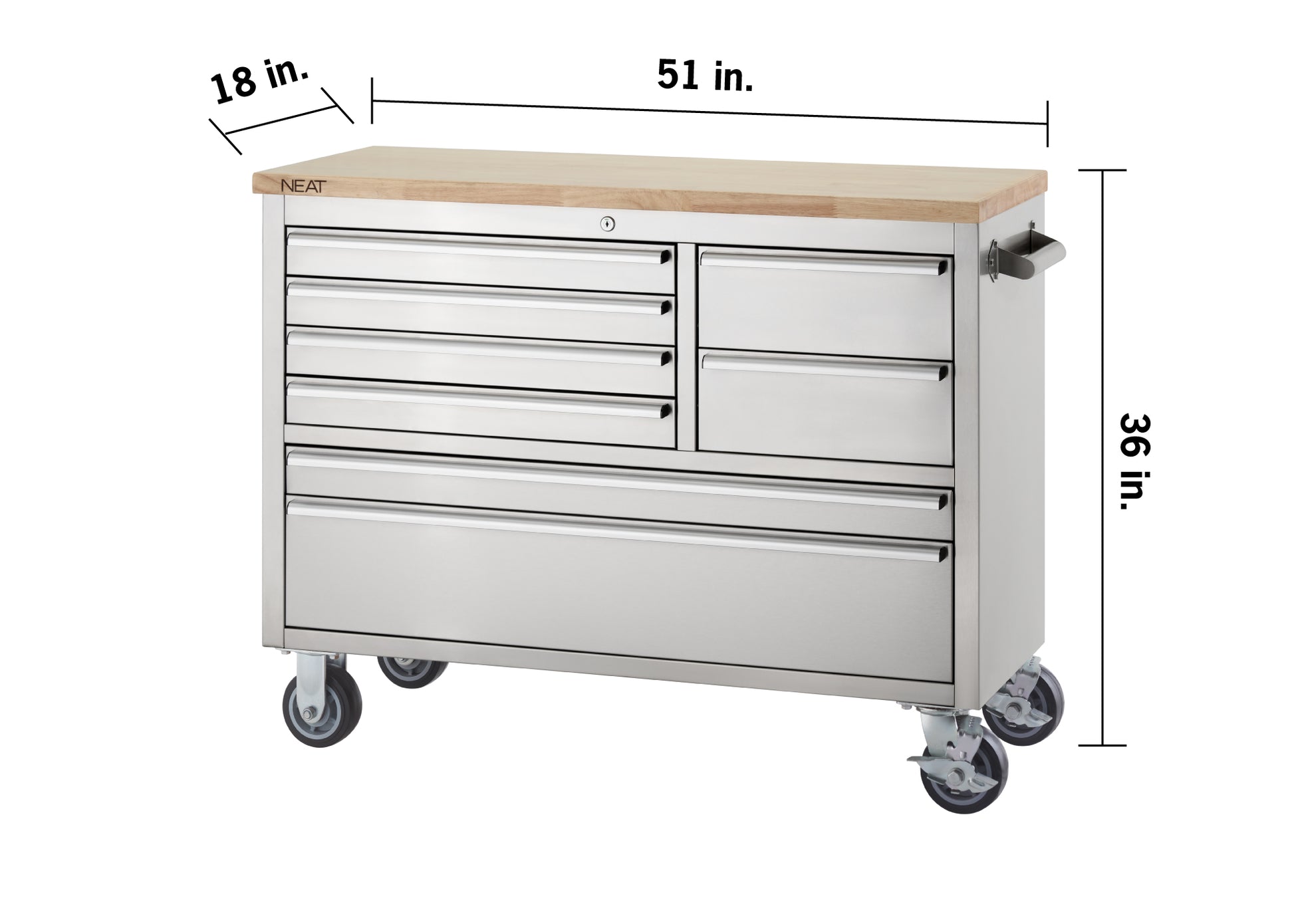 A stainless steel tool chest workbench with a light wood top rests on heavy-duty swivel casters against a white background. Dimension overlay lines show total measurements of 51 inches wide, 18 inches deep, and 36 inches tall.