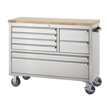A stainless steel mobile tool workbench featuring a solid light wood top and heavy-duty swivel casters against a plain white background. All drawers are closed, and the top surface is clean and clear.