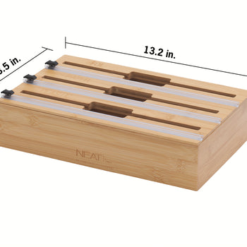 A three-slot bamboo wrap organizer with cutters is shown in a three-quarter view, featuring engraved labels for Foil, Paper, and Plastic. Dimension lines indicate the product measures 13.2 inches wide, 8.5 inches deep, and 3.58 inches tall.