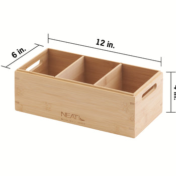 A perspective view of a rectangular bamboo storage box with a logo on the front and three equal compartments. Dimension lines indicate a length of 12 inches, a width of 6 inches, and a height of 4 inches.