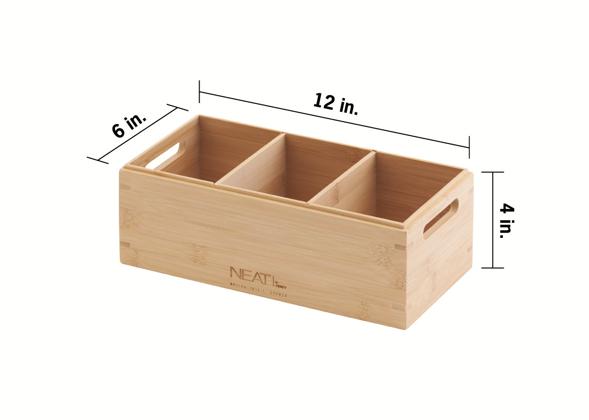 A perspective view of a rectangular bamboo storage box with a logo on the front and three equal compartments. Dimension lines indicate a length of 12 inches, a width of 6 inches, and a height of 4 inches.