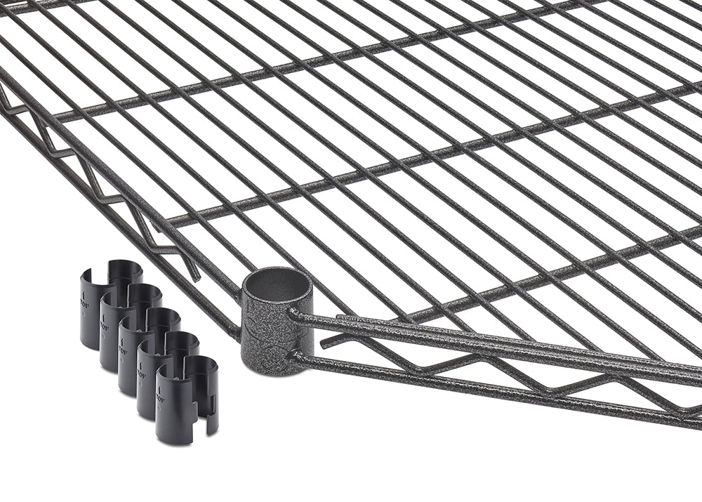 A close-up shot shows a black 27 inches by 17 inches wire shelving unit with five black plastic clips arranged in front of it. The wire shelf has a textured, hammered finish and a cylindrical collar for attaching to a pole.