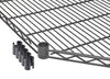 A close-up shot shows a black 27 inches by 17 inches wire shelving unit with five black plastic clips arranged in front of it. The wire shelf has a textured, hammered finish and a cylindrical collar for attaching to a pole.