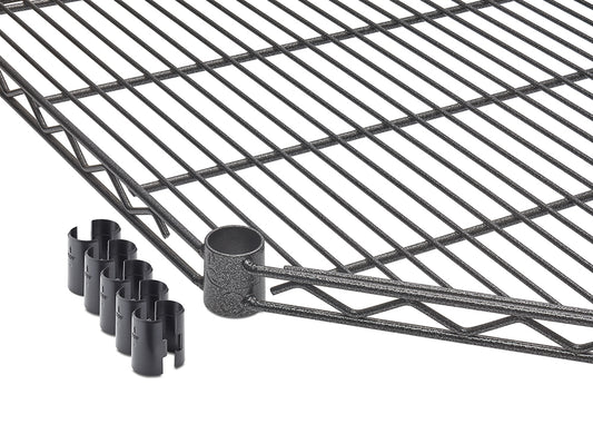 A close-up shot shows a black 27 inches by 17 inches wire shelving unit with five black plastic clips arranged in front of it. The wire shelf has a textured, hammered finish and a cylindrical collar for attaching to a pole.