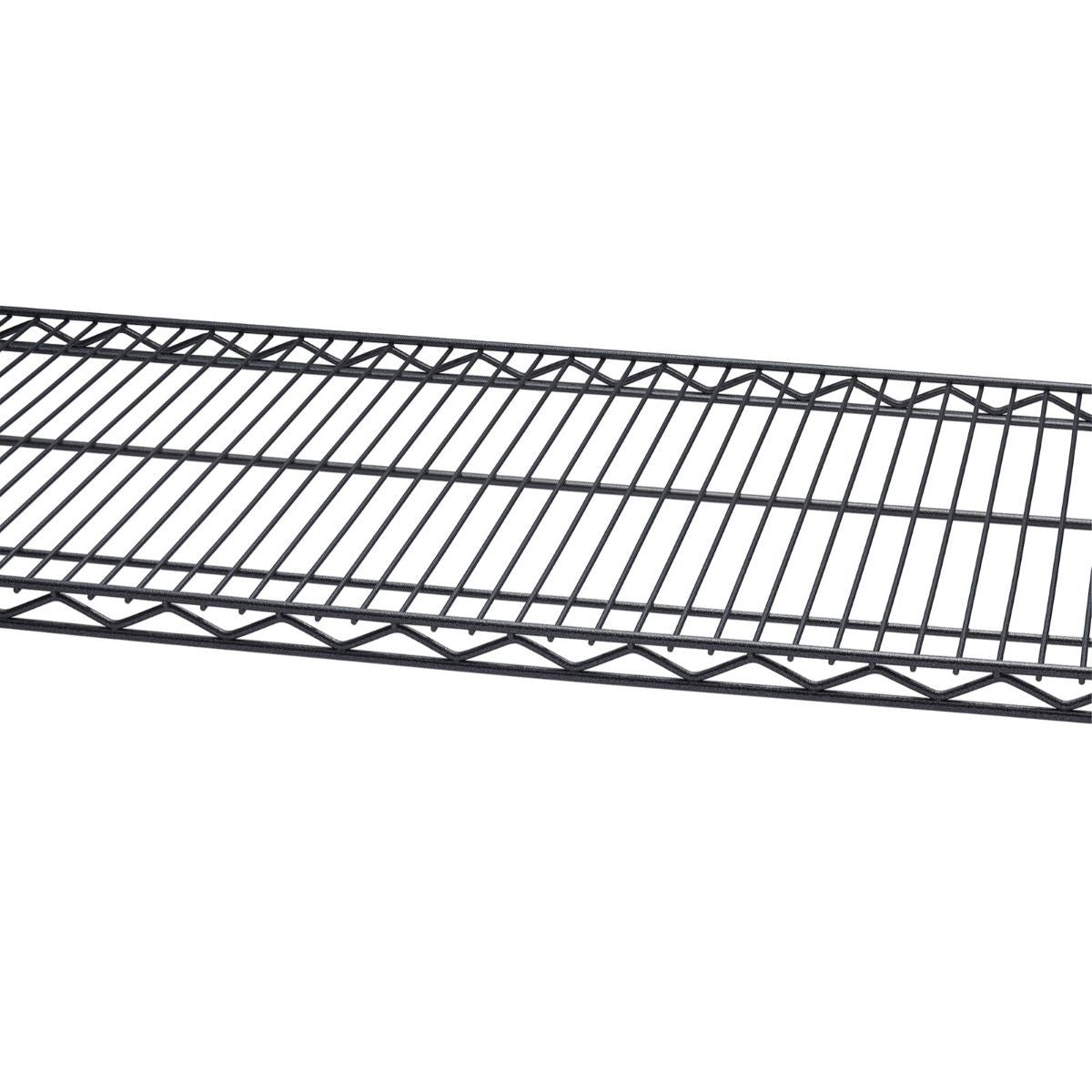 A black 48 inch wide by 18 inch deep wire shelf.