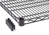 A close-up image of a black wire shelving unit with a textured finish, featuring a corner support sleeve and plastic clips for assembly. The shelf is made of metal wires arranged in a grid pattern, with additional triangular reinforcements along the edges for added stability.