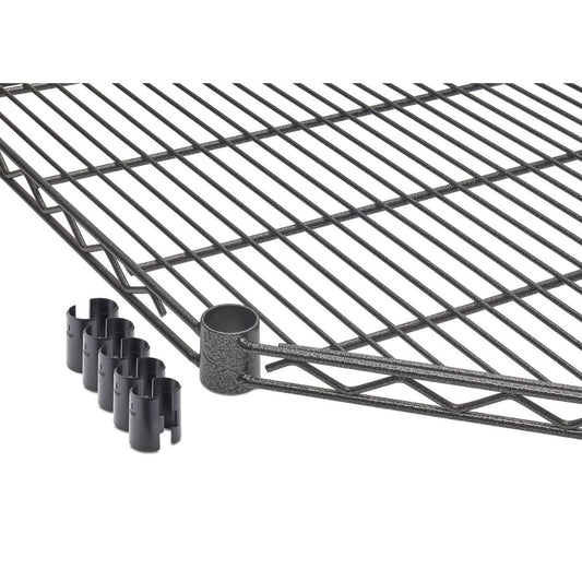 A close-up of a section of black, four-tier, corner wire shelving. The shelving includes several black set of slip sleeves.