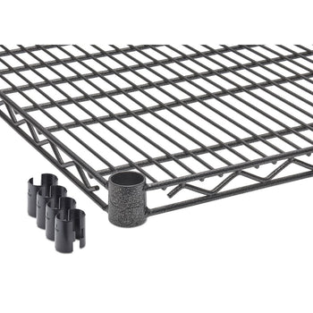 A close-up of a section of a black 60 inch by 24 inch black anthracite shelf with one assembled support piece and four separate black plastic clips. The wire shelf has a grid pattern with horizontal and vertical wires, and the support piece is a cylindrical metal component.