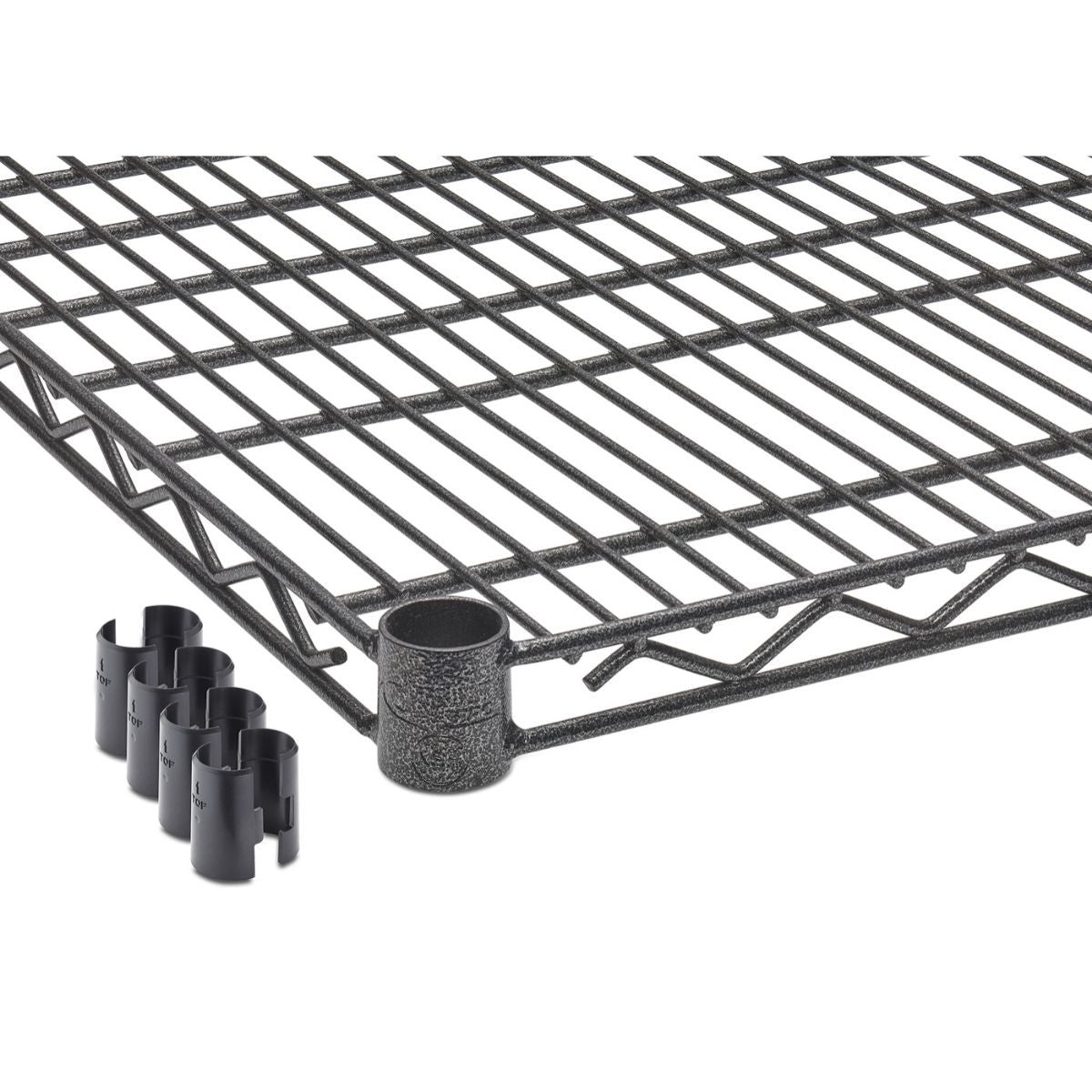 A close-up of a section of a black 60 inch by 24 inch black anthracite shelf with one assembled support piece and four separate black plastic clips. The wire shelf has a grid pattern with horizontal and vertical wires, and the support piece is a cylindrical metal component.