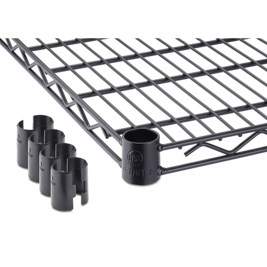 A close-up shows a single black wire shelf corner with a black cylindrical connector piece attached. To the left are five additional black connector pieces, ready to be used for assembling a shelving unit.