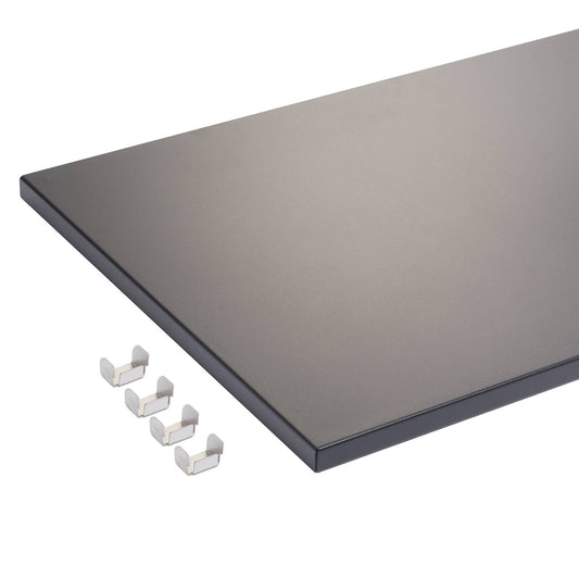 A wall garage cabinet shelf with four metal clips beside it.