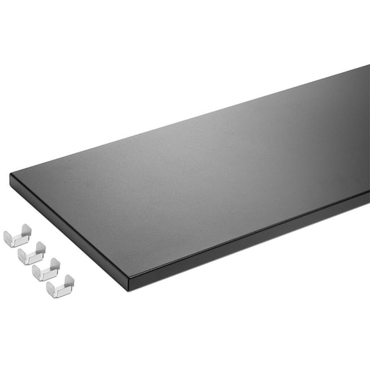 A black cabinet shelf with 4 shelf tabs on the side.