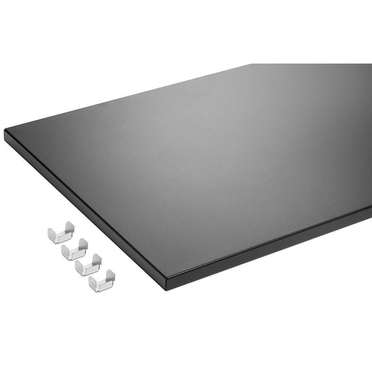 A black cabinet shelf with 4 shelf tabs on the side.