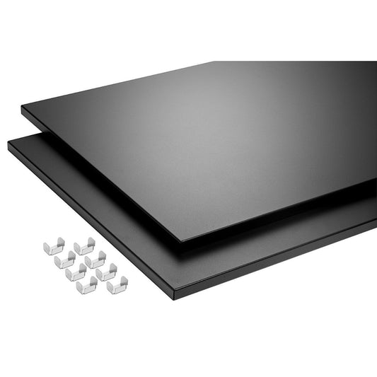 Two rectangular black shelves are stacked on top of each other, slightly offset to reveal both surfaces. A set of eight small, silver metal shelf support pegs are arranged in two rows to the left of the shelves.