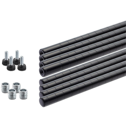 Two sets of black poles, top and bottom, with included hardware. To the left are four adjustable leveling feet with black rubber bases and silver threaded stems, along with four silver, ridged, cylindrical pieces, possibly connectors or shelf supports.