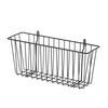 A rectangular black wire basket hangs against a white background. The basket has a grid-like bottom and vertical bars along the sides, with two hooks extending from the top back for hanging.