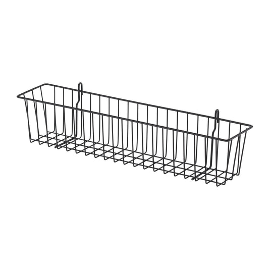 A long, rectangular hanging basket made of black powder-coated wire is shown against a white background. The basket has a grid-like bottom and vertical wires forming the sides, with two curved hooks extending from the top for hanging.