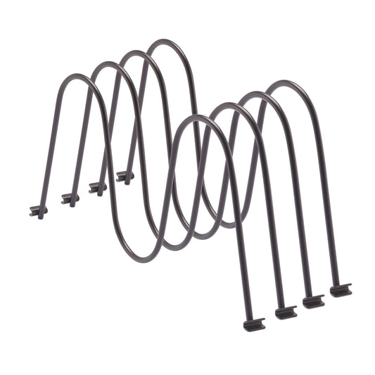 A set of four bronze wire dividers for shelves are arranged diagonally against a white background. Each divider features a wavy top and small plastic clips at the bottom for attachment.