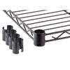 A 36 inches wide by 14 inches deep chrome shelf for trinity shelving racks. To the left are several black plastic clips, likely used for securing the shelves to support poles.