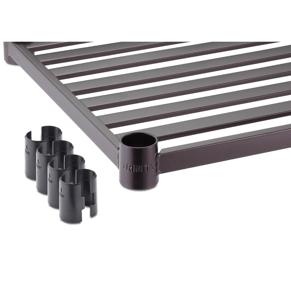 A close-up of a Trinity 36x14 Individual Slat Shelf, featuring a metal frame with horizontal slats. Several black, cylindrical connectors are positioned near the shelf's leg.