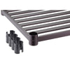 A close-up of a Trinity 36x14 Individual Slat Shelf, featuring a metal frame with horizontal slats. Several black, cylindrical connectors are positioned near the shelf's leg.