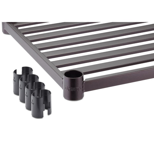 A close-up of a Trinity 36x14 Individual Slat Shelf, featuring a metal frame with horizontal slats. Several black, cylindrical connectors are positioned near the shelf's leg.