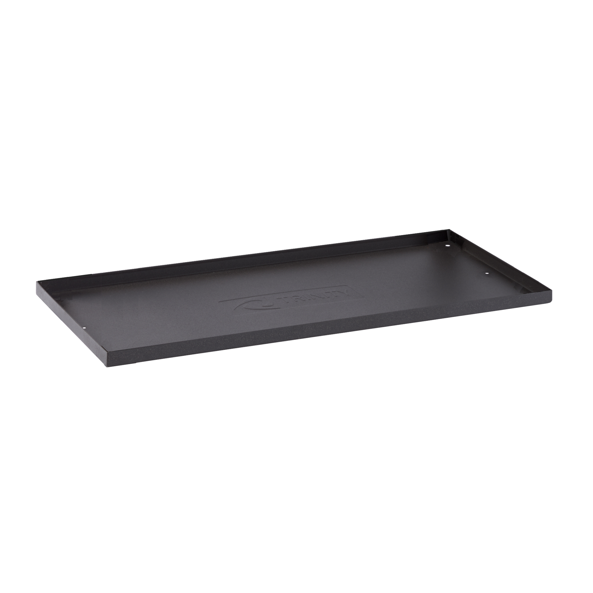 A rectangular black metal storage shelf is presented in an isometric view, featuring small mounting holes at each corner. An embossed logo for Trinity is visible in the center of the textured black powder-coated surface.