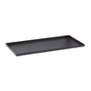 A rectangular black metal storage shelf is presented in an isometric view, featuring small mounting holes at each corner. An embossed logo for Trinity is visible in the center of the textured black powder-coated surface.