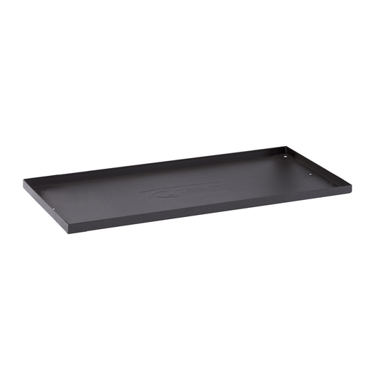 A rectangular, black metal cooler shelf with a raised edge on all four sides is shown from a slightly elevated, angled perspective. The word "TRINITY" is debossed in the center of the shelf.