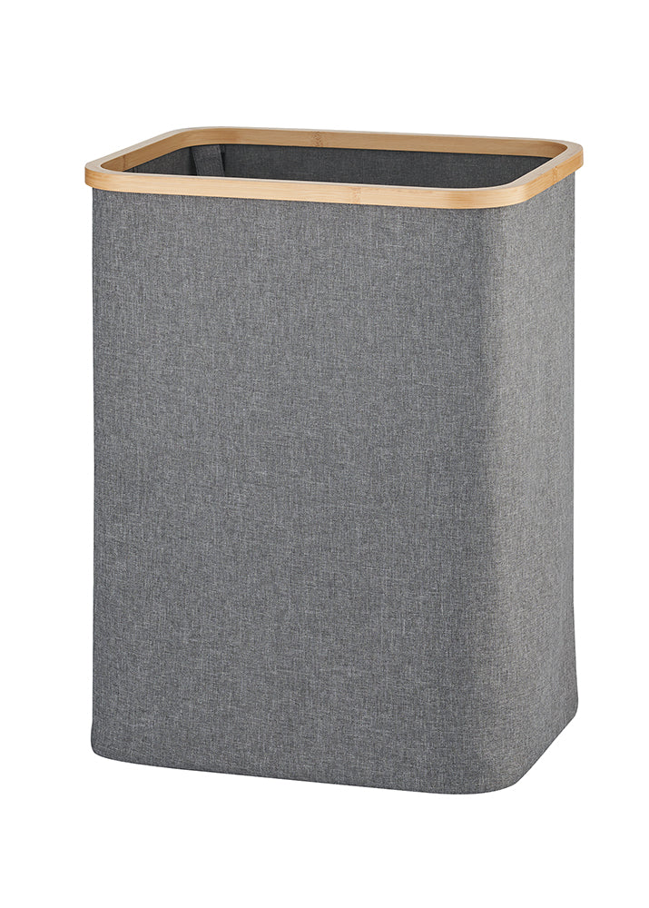 A tall, rectangular laundry hamper bag made of gray fabric is shown isolated against a plain white background. It features a light-toned wooden border outlining its top opening.