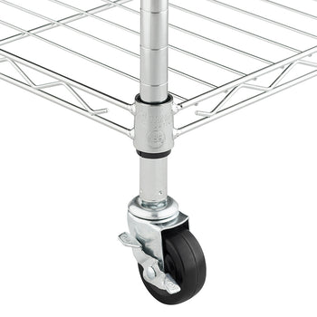 A close-up photograph features a swivel caster with a locking lever attached to a metal leg from a wire shelf. The metal cuff that attaches the caster to the leg is stamped with the "Trinity" brand name and an "NSF" logo.