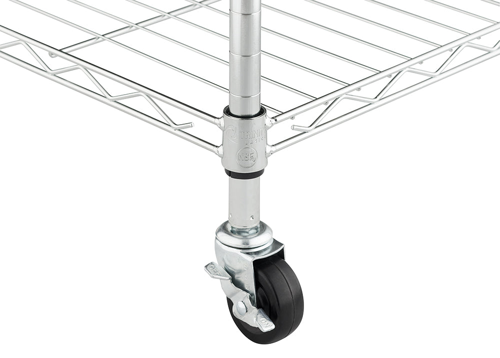 A close-up photograph features a swivel caster with a locking lever attached to a metal leg from a wire shelf. The metal cuff that attaches the caster to the leg is stamped with the "Trinity" brand name and an "NSF" logo.