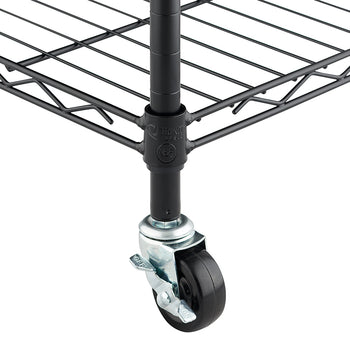 A close-up shot shows the corner of a black wire shelving unit resting on a single caster wheel with a locking lever. The shelf, post, and wheel assembly are clearly visible, highlighting the mobile nature of the storage rack.