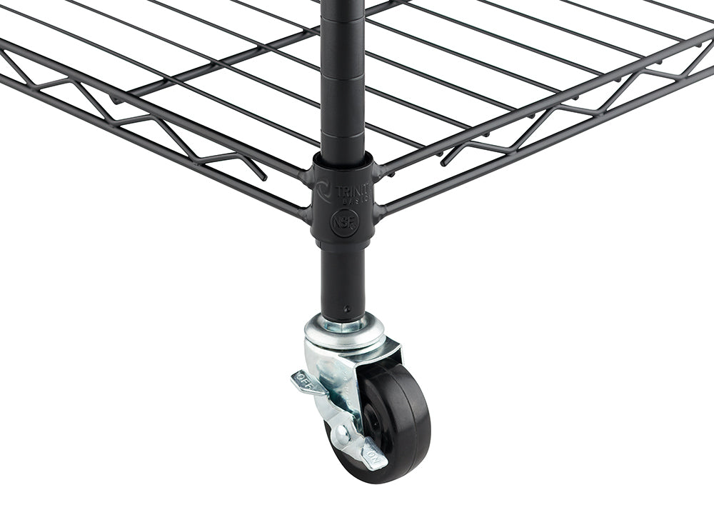 A close-up shot shows the corner of a black wire shelving unit resting on a single caster wheel with a locking lever. The shelf, post, and wheel assembly are clearly visible, highlighting the mobile nature of the storage rack.
