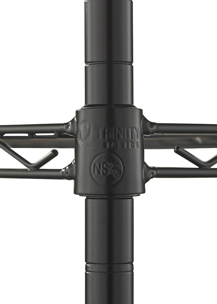 A close-up shot of a black wire shelving unit shows the joint where a shelf attaches to a vertical pole. The joint coupler is embossed with the words TRINITY BASICS and the NSF certification mark.