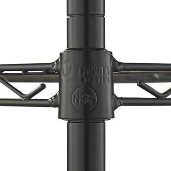 A close-up photograph focuses on a black metal pole connection point of a wire shelving unit. The joint is embossed with the "TRINITY BASICS" logo and the NSF certification mark, set against a plain light background.