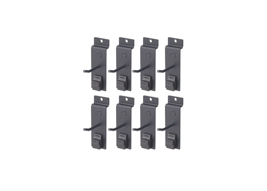 Eight identical gray metal pegboard hooks are arranged in two rows of four. Each hook has a small "OPEN" tab at its base, designed to secure it to the pegboard.