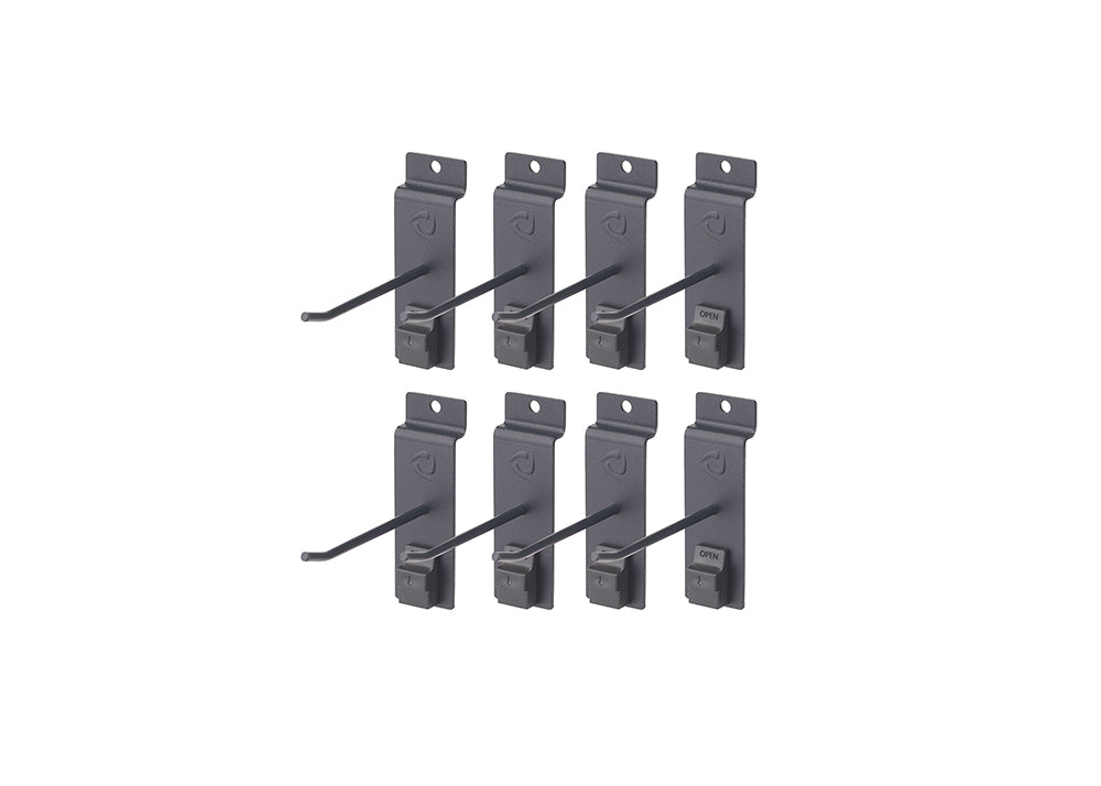 A set of eight dark gray-colored pegboard single four inch hooks are arranged in two rows of four against a white background. Each hook features a long, horizontal arm with an upward curve at the end, and a black "OPEN" clasp mechanism below the arm for secure attachment.