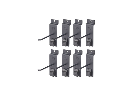 A set of eight dark gray-colored pegboard single four inch hooks are arranged in two rows of four against a white background. Each hook features a long, horizontal arm with an upward curve at the end, and a black "OPEN" clasp mechanism below the arm for secure attachment.