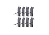 A set of eight dark gray-colored pegboard single four inch hooks are arranged in two rows of four against a white background. Each hook features a long, horizontal arm with an upward curve at the end, and a black "OPEN" clasp mechanism below the arm for secure attachment.