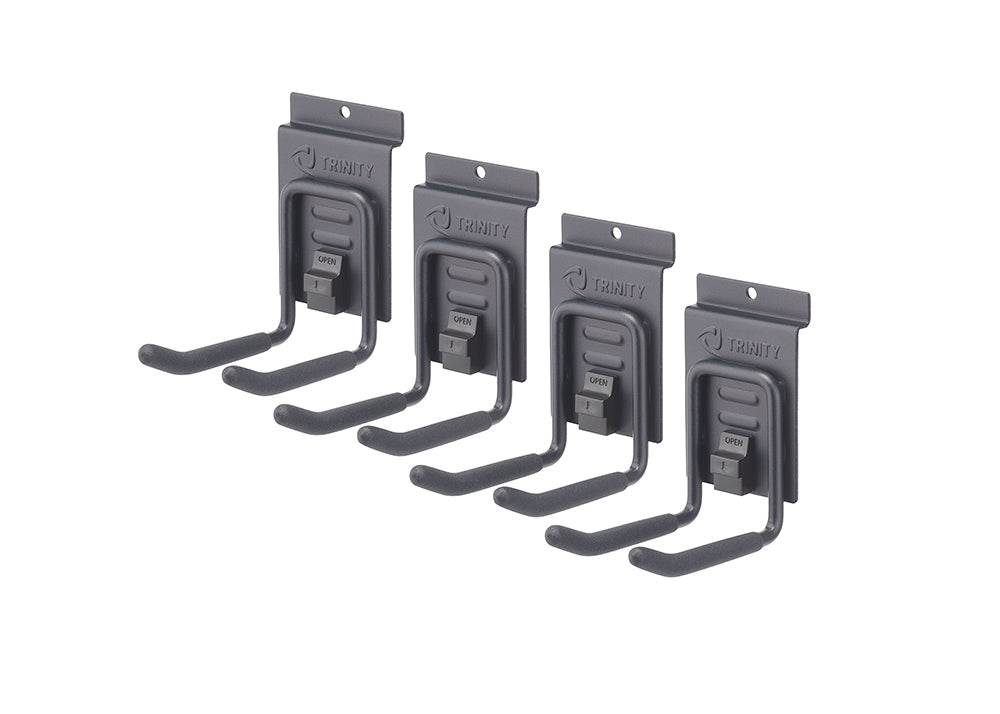 A set of four dark gray, 4 inch double hooks are angled upwards from left to right. Each hook has a black, cushioned grip and a "TRINITY" brand logo at the top.