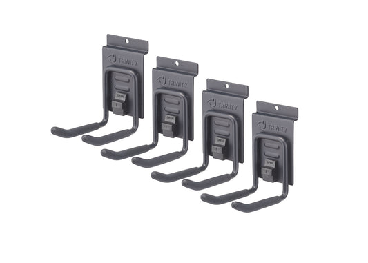 A set of four dark gray, 4 inch double hooks are angled upwards from left to right. Each hook has a black, cushioned grip and a "TRINITY" brand logo at the top.