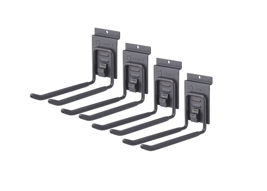 A set of four dark gray, 8 inch double hooks are angled upwards from left to right. Each hook has a black, cushioned grip and a "TRINITY" brand logo at the top.