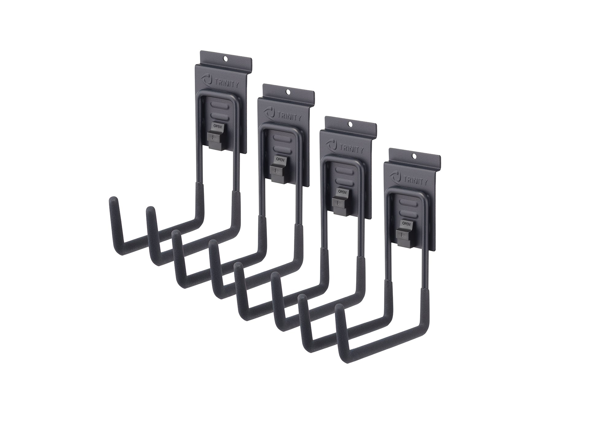 A set of four heavy-duty, black metal garage storage hooks are shown, each featuring a double-pronged U-shape and a mounting bracket with the TRINITY logo. A small sliding lock mechanism marked "OPEN/LOCK" is visible on the base of the mounting plate for each hook.