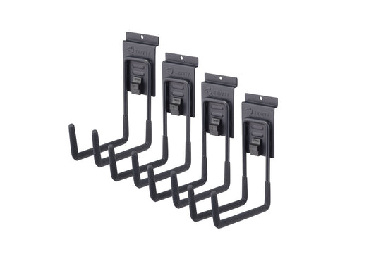 A set of four heavy-duty, black metal garage storage hooks are shown, each featuring a double-pronged U-shape and a mounting bracket with the TRINITY logo. A small sliding lock mechanism marked "OPEN/LOCK" is visible on the base of the mounting plate for each hook.