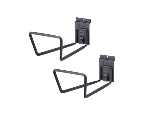 A set of two TRINITY brand J-hooks for garage storage, featuring a dark gray or black finish. The wall-mounted, heavy-duty hooks are designed to hold items like bikes or bulky tools.